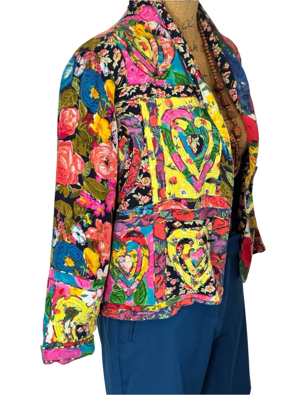 Sandy Starkman Heart Motif Floral Patchwork Jacket Blazer Large 1 Button Granny - Picture 7 of 9